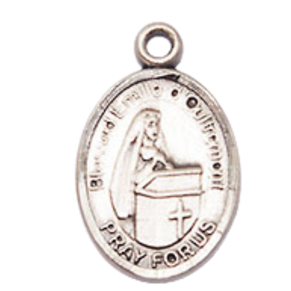 Small Sized Women's .925 Sterling Silver Blessed Emilee Doultremont Medal Pendant on 18 Inch Rhodium Plated Lite Curb Brass Chain w/ Lobster Claw Clasp, Catholic Religious Necklace - Made in USA- Velvet Gift Box