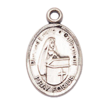 Small Sized Women's .925 Sterling Silver Blessed Emilee Doultremont Medal Pendant on 18 Inch Rhodium Plated Lite Curb Brass Chain w/ Lobster Claw Clasp, Catholic Religious Necklace - Made in USA- Velvet Gift Box