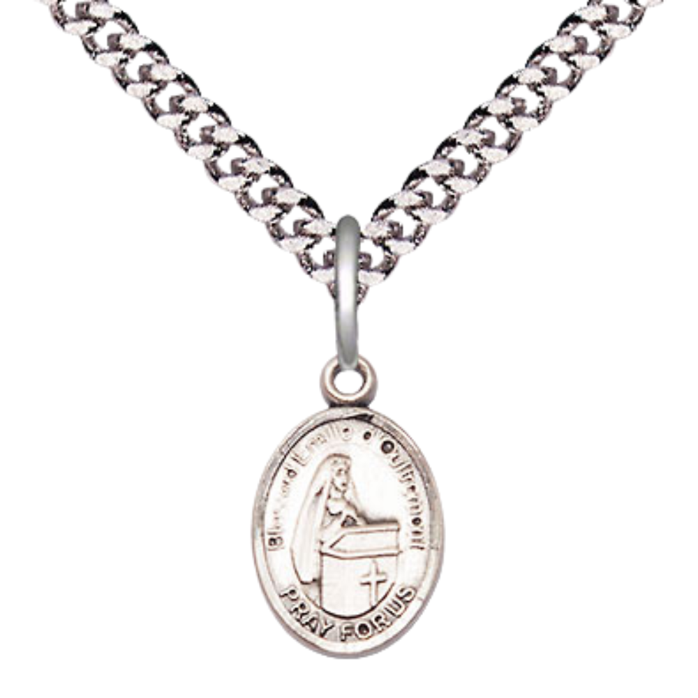 Small Sized Men's Pewter Blessed Emilee Doultremont Medal Pendant on 24 Inch Endless Rhodium Plated Heavy Curb Brass Chain, Catholic Religious Necklace - Made in USA- Deluxe Velvet Gift Box