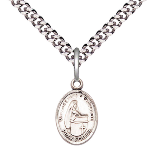 Small Sized Men's Pewter Blessed Emilee Doultremont Medal Pendant on 24 Inch Endless Rhodium Plated Heavy Curb Brass Chain, Catholic Religious Necklace - Made in USA- Deluxe Velvet Gift Box