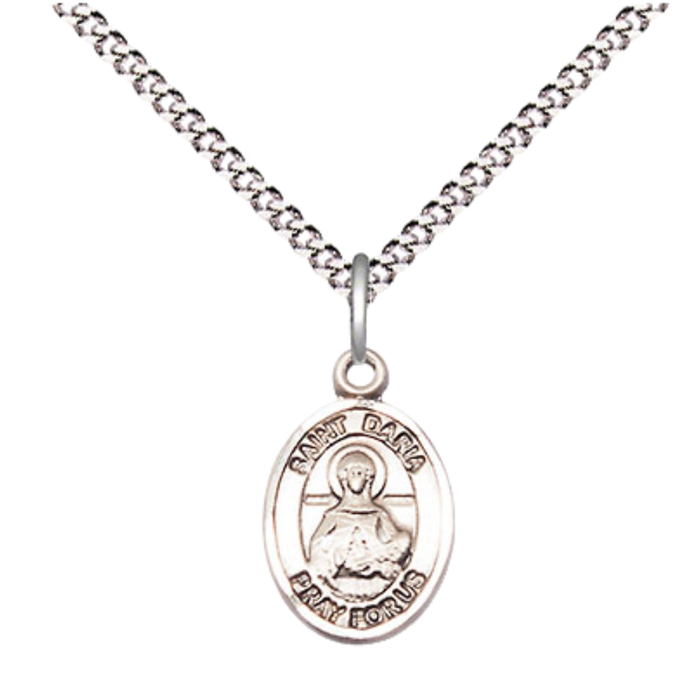 Small Sized Women's Pewter Saint St. Daria Medal Pendant on 18 Inch Rhodium Plated Lite Curb Brass Chain with Lobster Claw Clasp, Catholic Religious Necklace - Made in USA- Velvet Gift Box