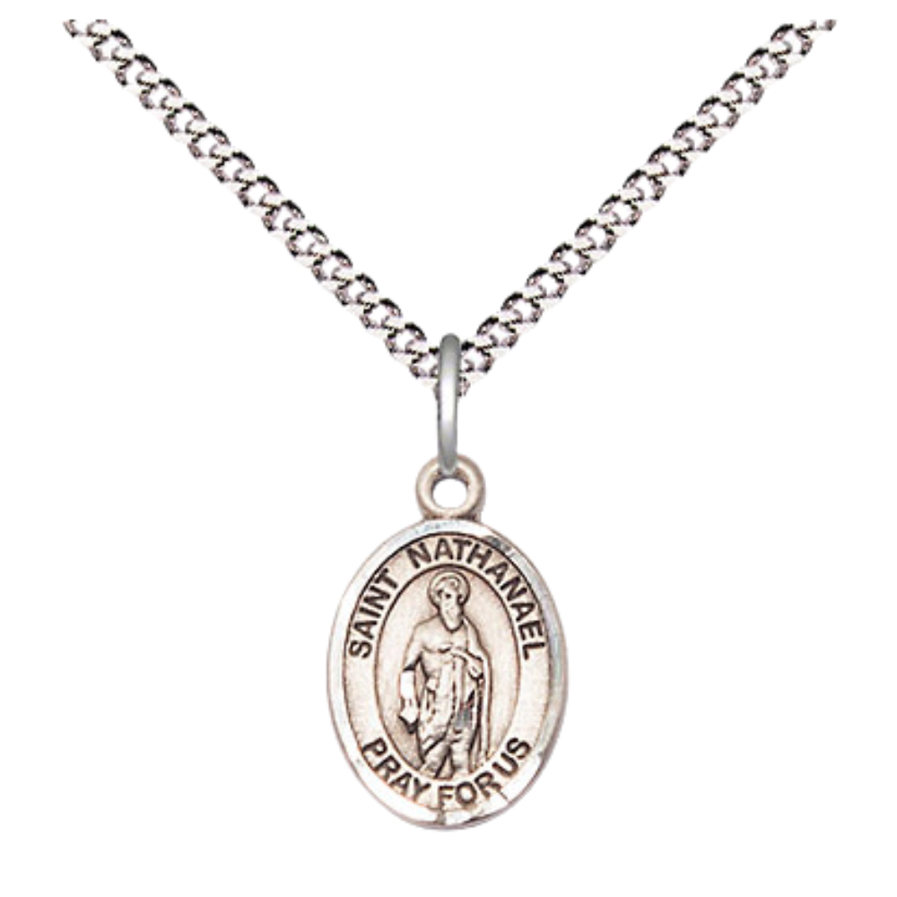 Small Sized Women's Pewter Saint St. Nathanael Medal Pendant on 18 Inch Rhodium Plated Lite Curb Brass Chain with Lobster Claw Clasp, Catholic Religious Necklace - Made in USA- Velvet Gift Box