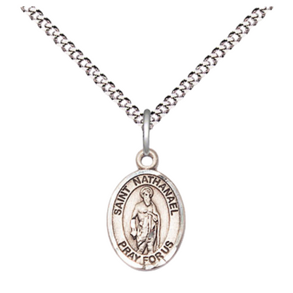 Small Sized Women's Pewter Saint St. Nathanael Medal Pendant on 18 Inch Rhodium Plated Lite Curb Brass Chain with Lobster Claw Clasp, Catholic Religious Necklace - Made in USA- Velvet Gift Box