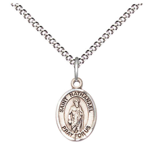 Small Sized Women's .925 Sterling Silver Saint Nathanael Medal Pendant on 18 Inch Rhodium Plated Lite Curb Brass Chain with Lobster Claw Clasp, Catholic Religious Necklace - Made in USA- Velvet Gift Box