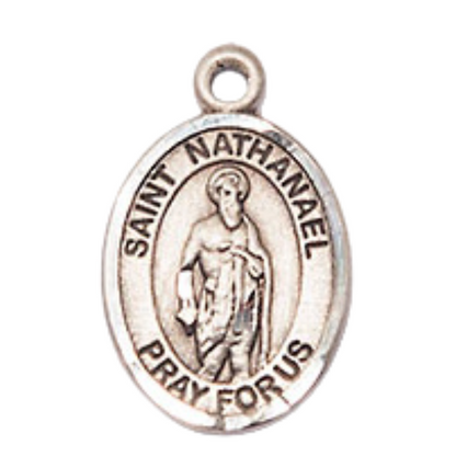 Small Sized Women's .925 Sterling Silver Saint Nathanael Medal Pendant on 18 Inch Rhodium Plated Lite Curb Brass Chain with Lobster Claw Clasp, Catholic Religious Necklace - Made in USA- Velvet Gift Box
