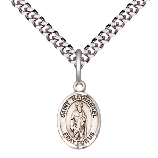 Small Sized Men's Pewter Saint St. Nathanael Medal Pendant on 24 Inch Endless Rhodium Plated Heavy Curb Brass Chain, Catholic Religious Necklace - Made in USA- Deluxe Velvet Gift Box