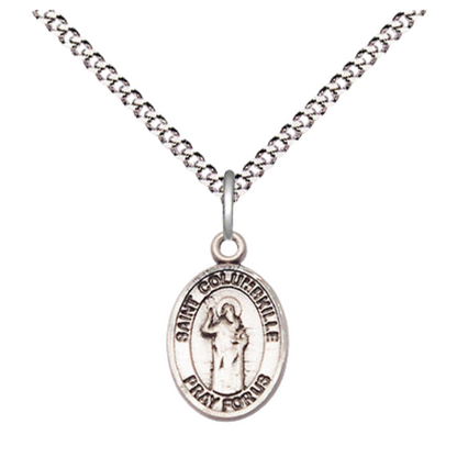 Small Sized Women's Pewter Saint St. Columbkille Medal Pendant on 18 Inch Rhodium Plated Lite Curb Brass Chain with Lobster Claw Clasp, Catholic Religious Necklace - Made in USA- Velvet Gift Box
