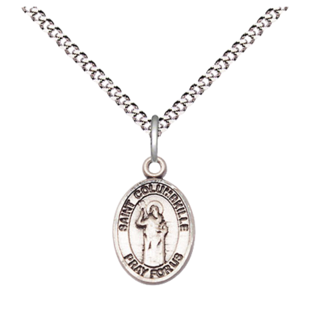 Small Sized Women's Pewter Saint St. Columbkille Medal Pendant on 18 Inch Rhodium Plated Lite Curb Brass Chain with Lobster Claw Clasp, Catholic Religious Necklace - Made in USA- Velvet Gift Box