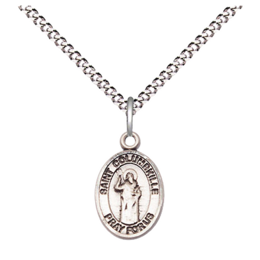 Small Sized Women's Pewter Saint St. Columbkille Medal Pendant on 18 Inch Rhodium Plated Lite Curb Brass Chain with Lobster Claw Clasp, Catholic Religious Necklace - Made in USA- Velvet Gift Box