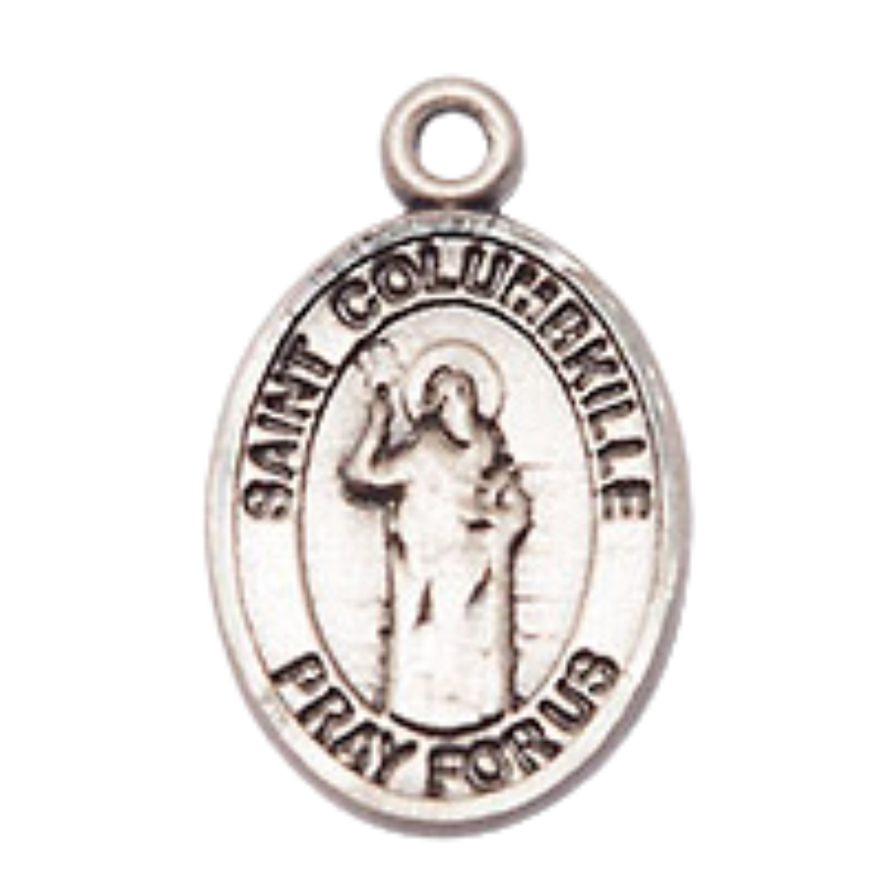 Small Sized Women's Pewter Saint St. Columbkille Medal Pendant on 18 Inch Rhodium Plated Lite Curb Brass Chain with Lobster Claw Clasp, Catholic Religious Necklace - Made in USA- Velvet Gift Box