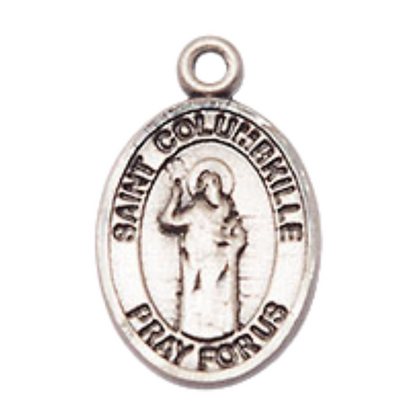 Small Sized Women's Pewter Saint St. Columbkille Medal Pendant on 18 Inch Rhodium Plated Lite Curb Brass Chain with Lobster Claw Clasp, Catholic Religious Necklace - Made in USA- Velvet Gift Box