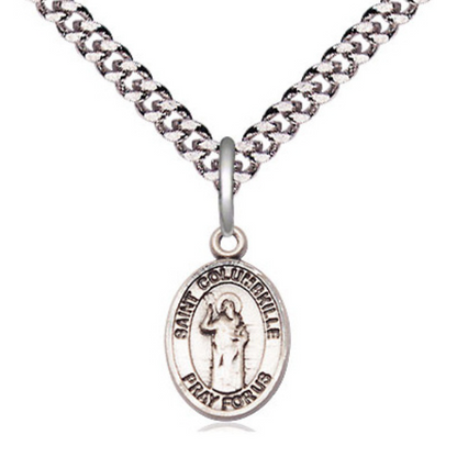 Small Sized Men's Pewter Saint St. Columbkille Medal Pendant on 24 Inch Endless Rhodium Plated Heavy Curb Brass Chain, Catholic Religious Necklace - Made in USA- Deluxe Velvet Gift Box