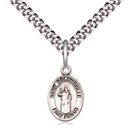 Small Sized Men's Pewter Saint St. Columbkille Medal Pendant on 24 Inch Endless Rhodium Plated Heavy Curb Brass Chain, Catholic Religious Necklace - Made in USA- Deluxe Velvet Gift Box