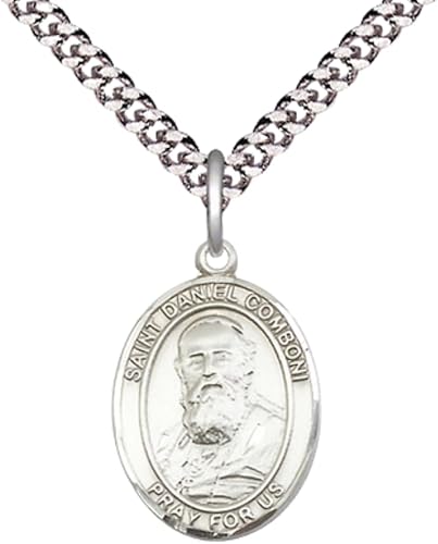 Small Sized .925 Sterling Silver Saint St. Daniel Comboni Medal Pendant on 24 Inch Endless Rhodium Plated Heavy Curb Brass Chain, Catholic Religious Necklace - Made in USA- Deluxe Velvet Gift Box
