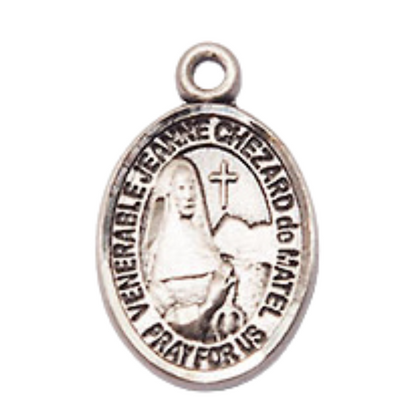 Small Sized Men's .925 Sterling Silver Jeanne Chezard de Matel Medal Pendant on 24 Inch Endless Rhodium Plated Heavy Curb Brass Chain, Catholic Religious Necklace - Made in USA- Deluxe Velvet Gift Box