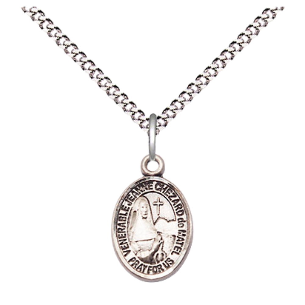Small Sized Women's Pewter Jeanne Chezard de Matel Medal Pendant on 18 Inch Rhodium Plated Lite Curb Brass Chain with Lobster Claw Clasp, Catholic Religious Necklace - Made in USA- Velvet Gift Box