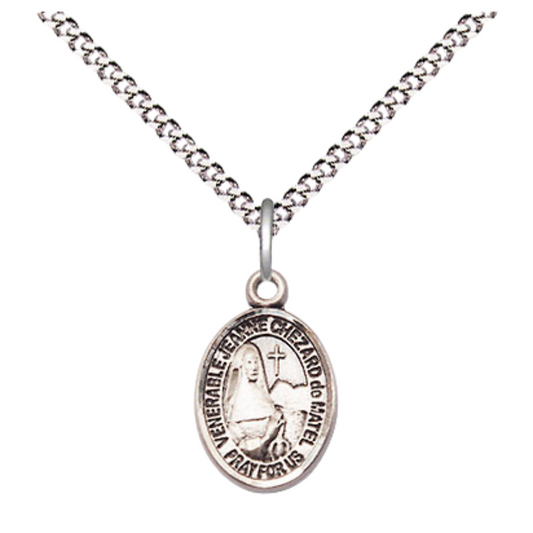 Small Sized Women's Pewter Jeanne Chezard de Matel Medal Pendant on 18 Inch Rhodium Plated Lite Curb Brass Chain with Lobster Claw Clasp, Catholic Religious Necklace - Made in USA- Velvet Gift Box