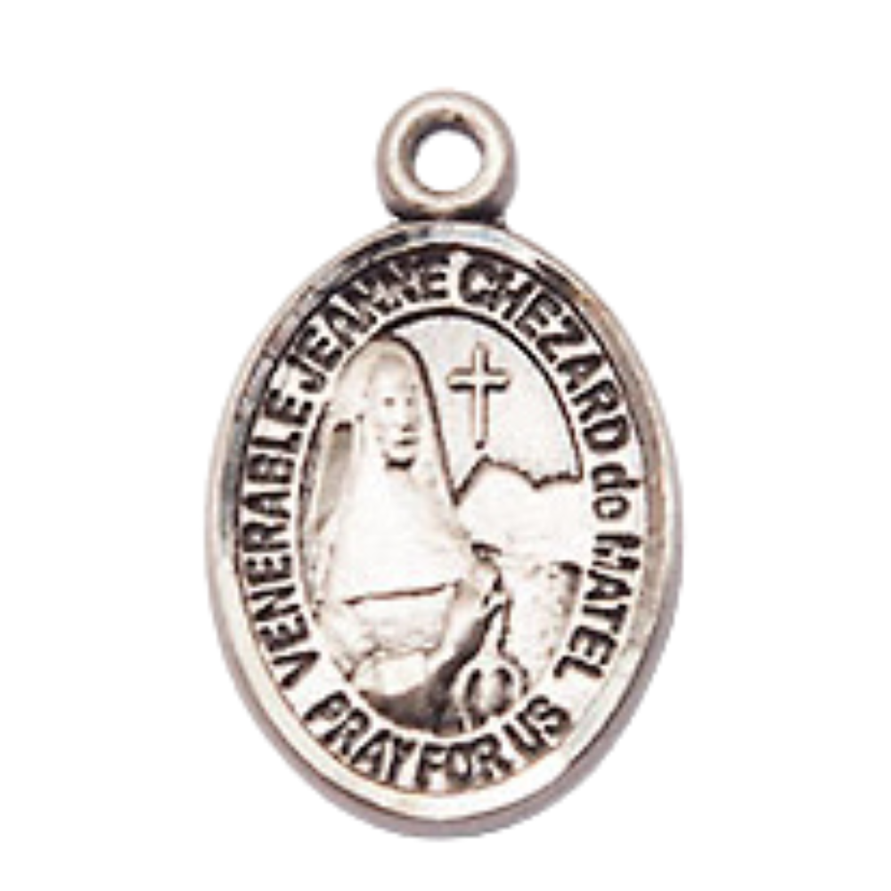 Small Sized Women's Pewter Jeanne Chezard de Matel Medal Pendant on 18 Inch Rhodium Plated Lite Curb Brass Chain with Lobster Claw Clasp, Catholic Religious Necklace - Made in USA- Velvet Gift Box