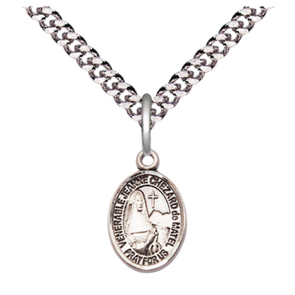 Small Sized Men's Pewter Jeanne Chezard de Matel Medal Pendant on 24 Inch Endless Rhodium Plated Heavy Curb Brass Chain, Catholic Religious Necklace - Made in USA- Deluxe Velvet Gift Box