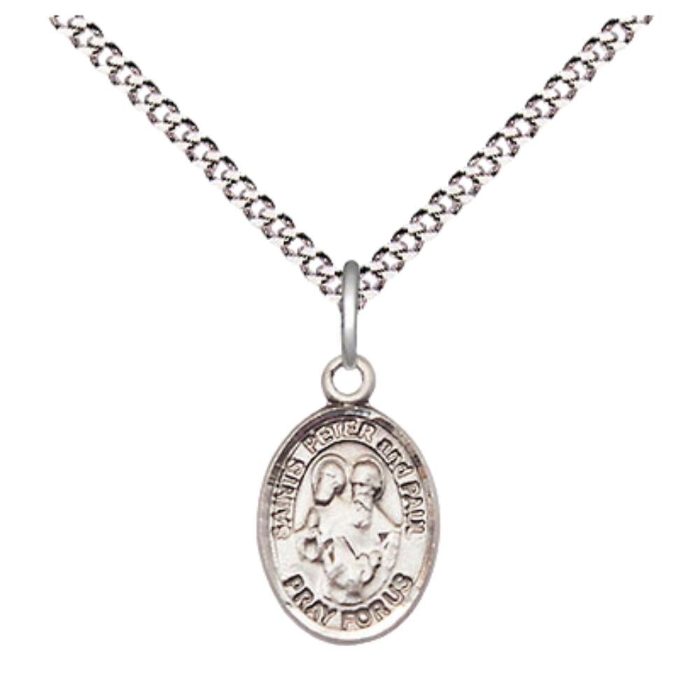 Small Sized Women's Pewter Saint St. Peter Saint St. Paul Medal Pendant on 18 Inch Rhodium Plated Lite Curb Brass Chain with Lobster Claw Clasp, Catholic Religious Necklace - Made in USA- Velvet Gift Box