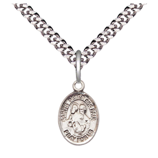 Small Sized Men's .925 Sterling Silver Saint St. Peter Saint St. Paul Medal Pendant on 24 Inch Endless Rhodium Plated Heavy Curb Brass Chain, Catholic Religious Necklace - Made in USA- Deluxe Velvet Gift Box