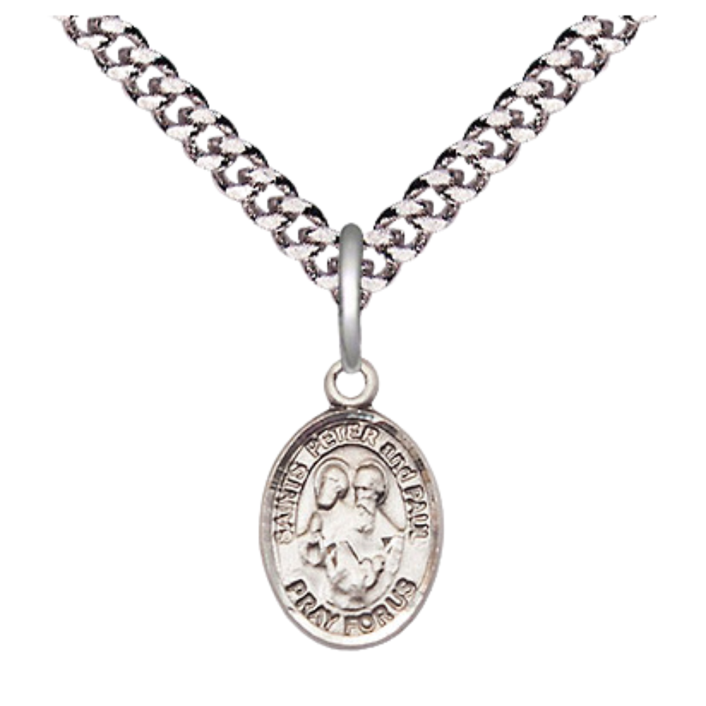 Small Sized Men's Pewter Saint St. Peter Saint St. Paul Medal Pendant on 24 Inch Endless Rhodium Plated Heavy Curb Brass Chain, Catholic Religious Necklace - Made in USA- Deluxe Velvet Gift Box