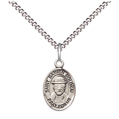 Small Sized Women's .925 Sterling Silver Saint Damien of Molokai Medal Pendant on 18 Inch Rhodium Plated Lite Curb Brass Chain with Lobster Claw Clasp, Catholic Religious Necklace - Made in USA- Velvet Gift Box