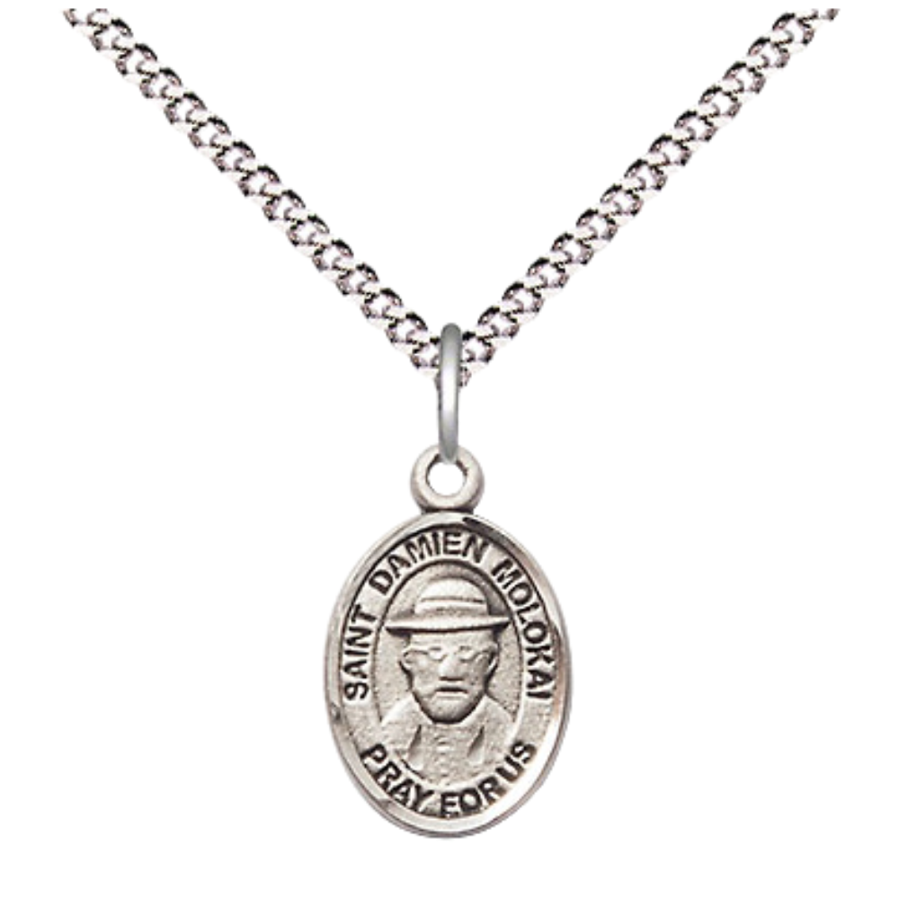 Small Sized Women's Pewter Saint St. Damien of Molokai Medal Pendant on 18 Inch Rhodium Plated Lite Curb Brass Chain with Lobster Claw Clasp, Catholic Religious Necklace - Made in USA- Velvet Gift Box