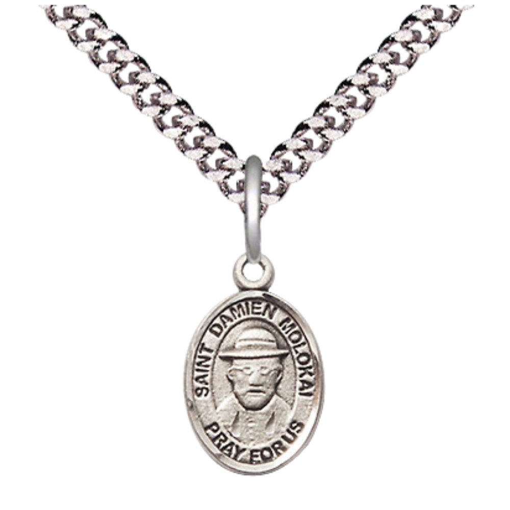 Small Sized Men's Pewter Saint St. Damien of Molokai Medal Pendant on 24 Inch Endless Rhodium Plated Heavy Curb Brass Chain, Catholic Religious Necklace - Made in USA- Deluxe Velvet Gift Box