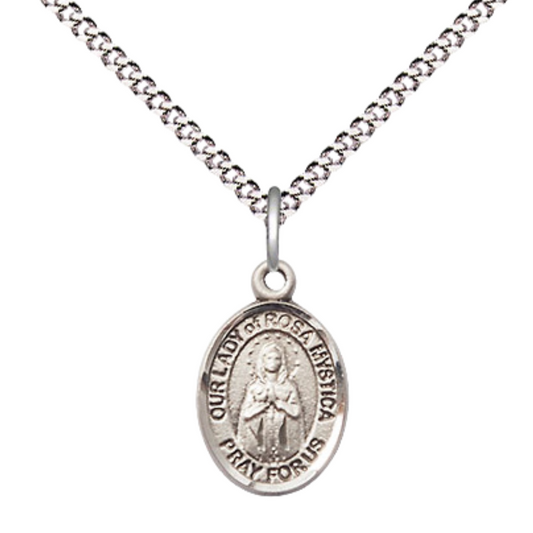 Small Sized Women's Pewter Our Lady of Rosa Mystica Medal Pendant on 18 Inch Rhodium Plated Lite Curb Brass Chain with Lobster Claw Clasp, Catholic Religious Necklace - Made in USA- Velvet Gift Box