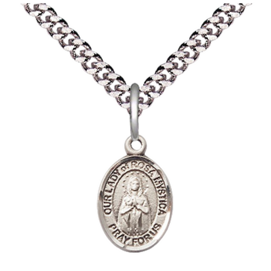 Small Sized Men's Pewter Our Lady of Rosa Mystica Medal Pendant on 24 Inch Endless Rhodium Plated Heavy Curb Brass Chain, Catholic Religious Necklace - Made in USA- Deluxe Velvet Gift Box
