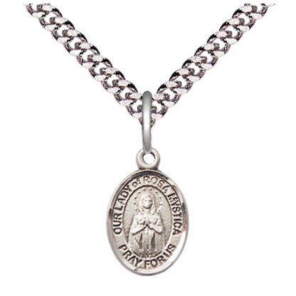 Small Sized Men's .925 Sterling Silver Our Lady of Rosa Mystica Medal Pendant on 24 Inch Endless Rhodium Plated Heavy Curb Brass Chain, Catholic Religious Necklace - Made in USA- Deluxe Velvet Gift Box