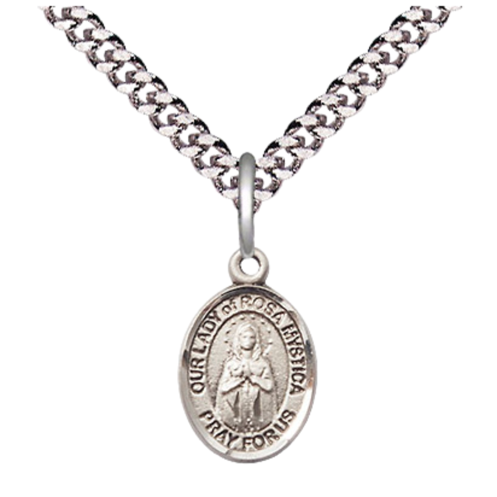 Small Sized Men's Pewter Our Lady of Rosa Mystica Medal Pendant on 24 Inch Endless Rhodium Plated Heavy Curb Brass Chain, Catholic Religious Necklace - Made in USA- Deluxe Velvet Gift Box
