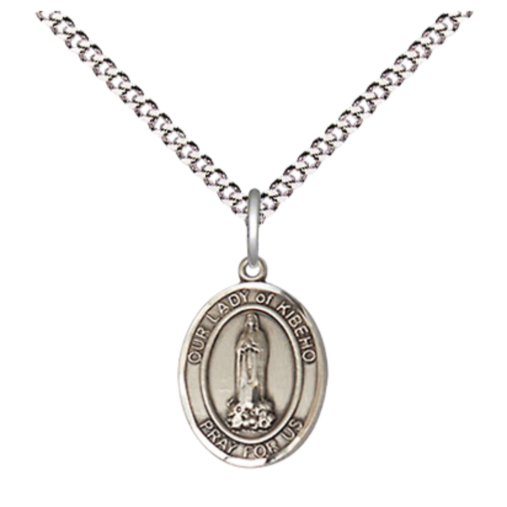 Small Sized Women's .925 Sterling Silver Our Lady of Kibeho Medal Pendant on 18 Inch Rhodium Plated Lite Curb Brass Chain with Lobster Claw Clasp, Catholic Religious Necklace - Made in USA- Velvet Gift Box