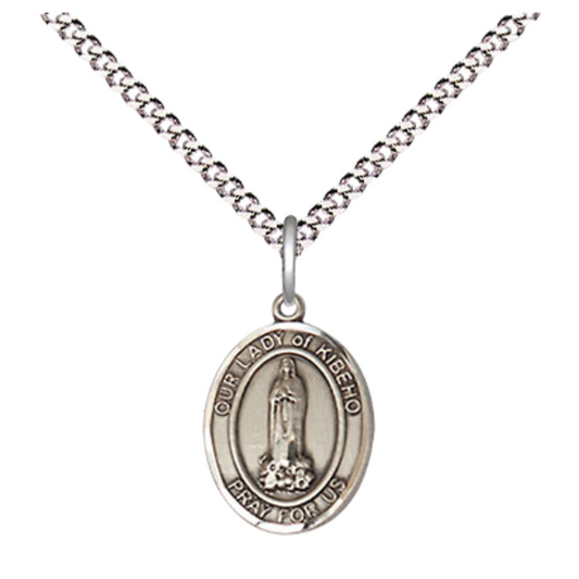 Small Sized Women's Pewter Our Lady of Kibeho Medal Pendant on 18 Inch Rhodium Plated Lite Curb Brass Chain with Lobster Claw Clasp, Catholic Religious Necklace - Made in USA- Velvet Gift Box