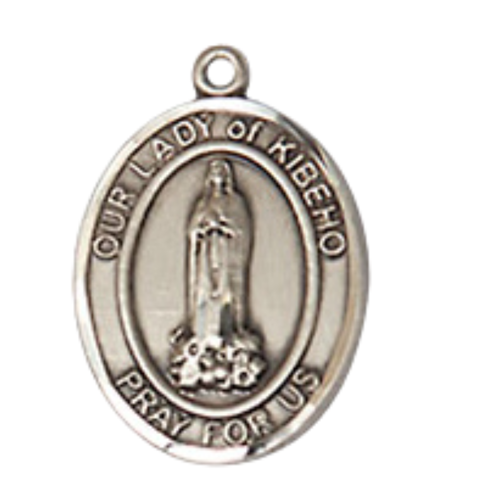 Small Sized Men's Pewter Our Lady of Kibeho Medal Pendant on 24 Inch Endless Rhodium Plated Heavy Curb Brass Chain, Catholic Religious Necklace - Made in USA- Deluxe Velvet Gift Box