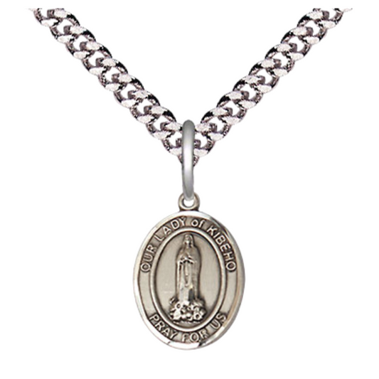 Small Sized Men's Pewter Our Lady of Kibeho Medal Pendant on 24 Inch Endless Rhodium Plated Heavy Curb Brass Chain, Catholic Religious Necklace - Made in USA- Deluxe Velvet Gift Box