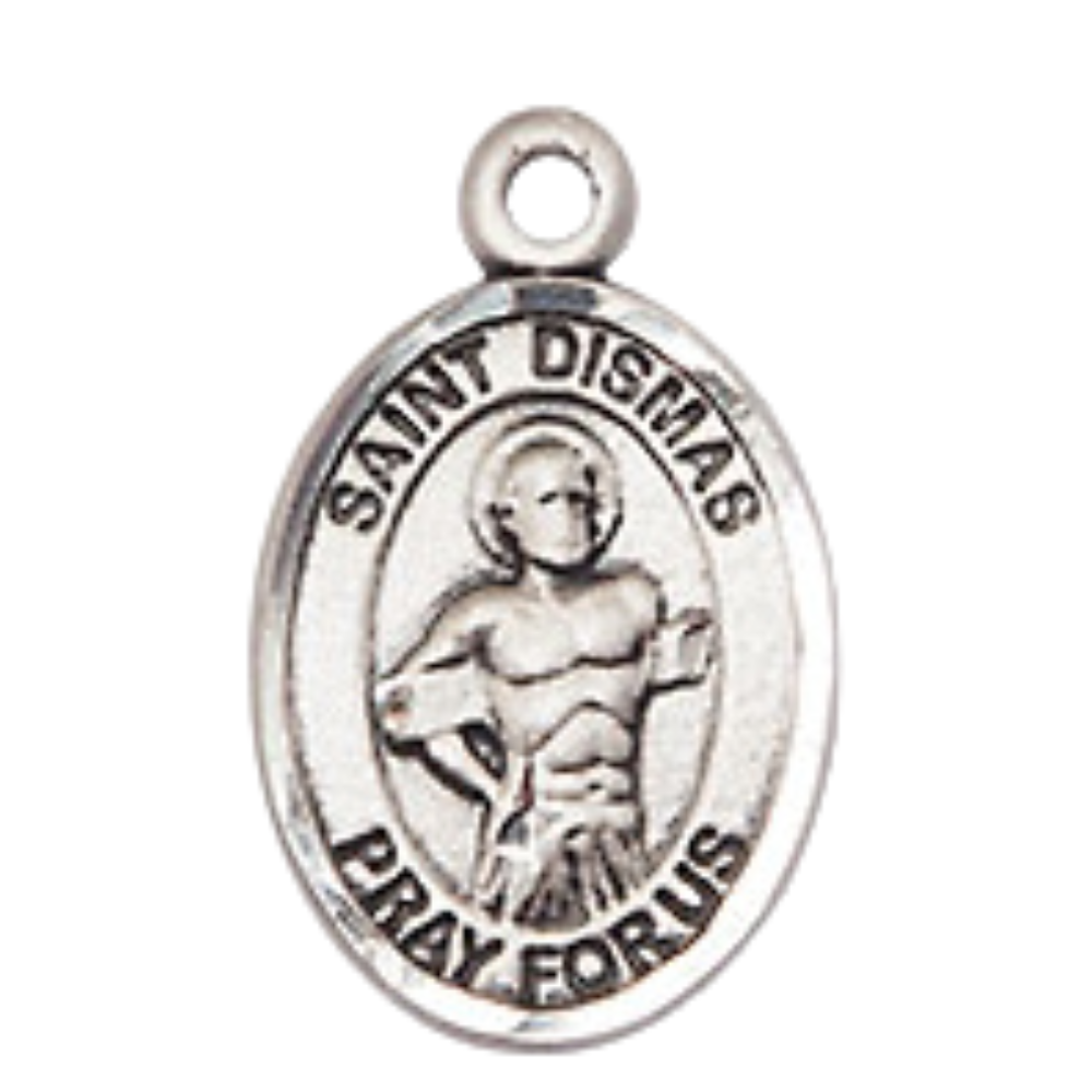 Small Sized Women's Pewter Saint St. Dismas Medal Pendant on 18 Inch Rhodium Plated Lite Curb Brass Chain with Lobster Claw Clasp, Catholic Religious Necklace - Made in USA- Velvet Gift Box
