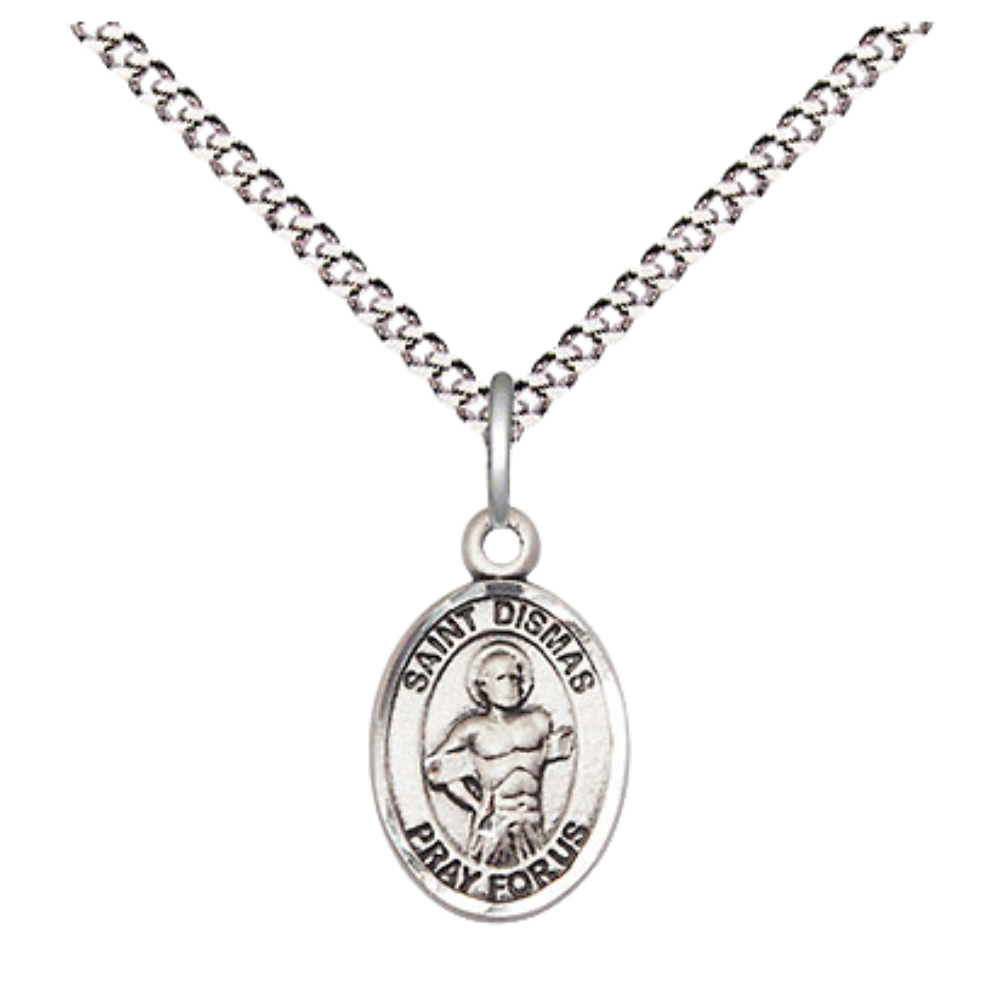 Small Sized Women's Pewter Saint St. Dismas Medal Pendant on 18 Inch Rhodium Plated Lite Curb Brass Chain with Lobster Claw Clasp, Catholic Religious Necklace - Made in USA- Velvet Gift Box