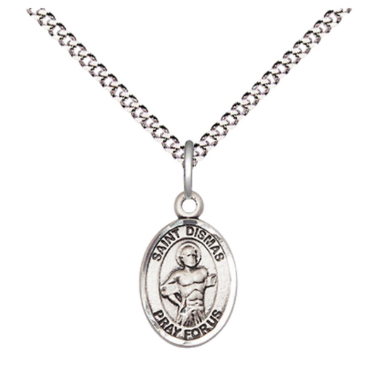 Small Sized Women's Pewter Saint St. Dismas Medal Pendant on 18 Inch Rhodium Plated Lite Curb Brass Chain with Lobster Claw Clasp, Catholic Religious Necklace - Made in USA- Velvet Gift Box