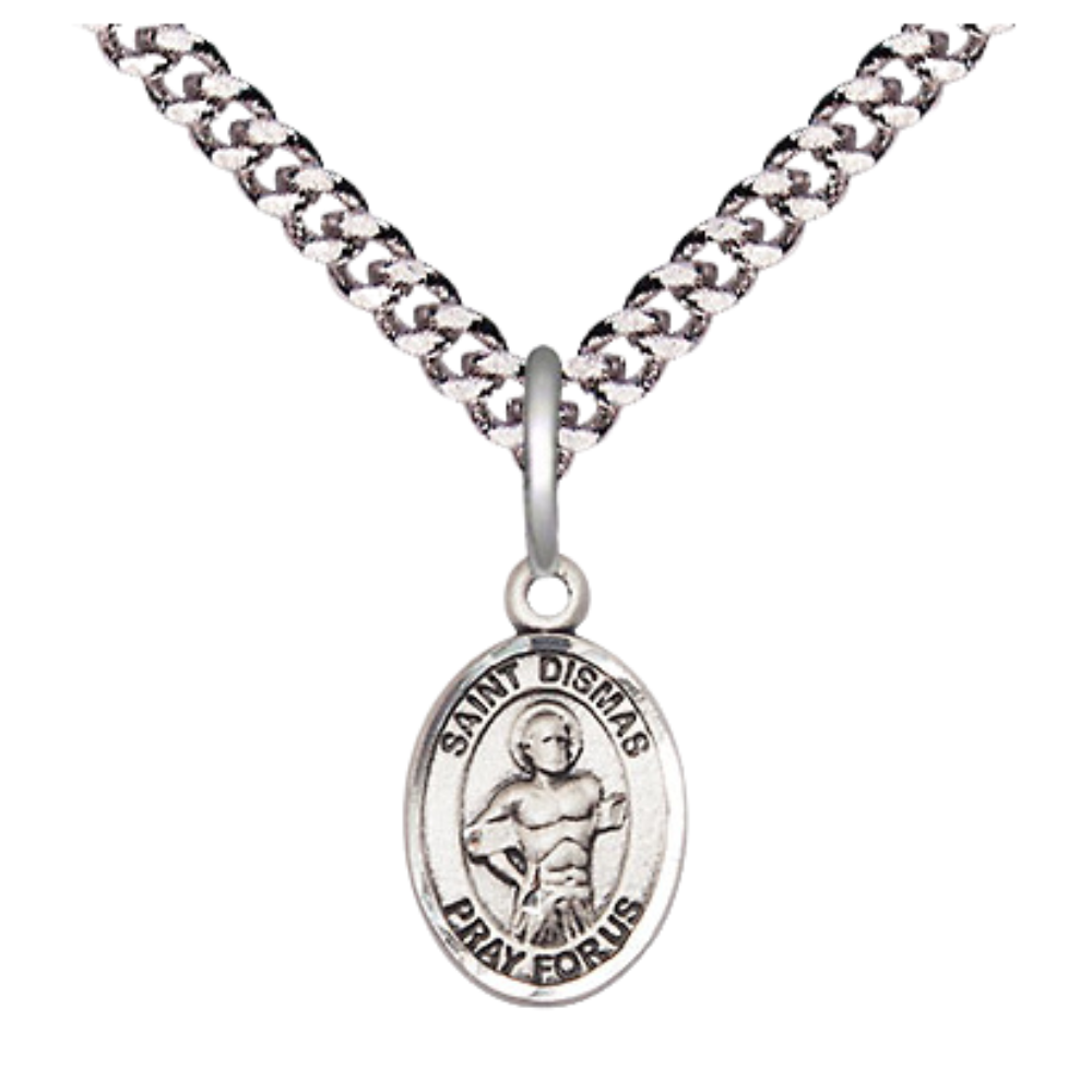 Small Sized Men's Pewter Saint St. Dismas Medal Pendant on 24 Inch Endless Rhodium Plated Heavy Curb Brass Chain, Catholic Religious Necklace - Made in USA- Deluxe Velvet Gift Box