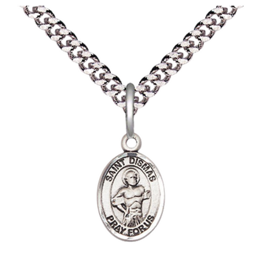 Small Sized Men's Pewter Saint St. Dismas Medal Pendant on 24 Inch Endless Rhodium Plated Heavy Curb Brass Chain, Catholic Religious Necklace - Made in USA- Deluxe Velvet Gift Box