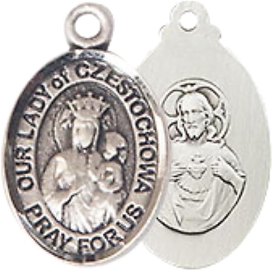 Small Sized Men's Pewter Our Lady of Czestochowa Medal Pendant on 24 Inch Endless Rhodium Plated Heavy Curb Brass Chain, Catholic Religious Necklace - Made in USA- Deluxe Velvet Gift Box