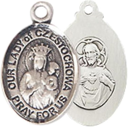 Small Sized Women's Pewter Our Lady of Czestochowa Medal Pendant on 18 Inch Rhodium Plated Lite Curb Brass Chain with Lobster Claw Clasp, Catholic Religious Necklace - Made in USA- Velvet Gift Box