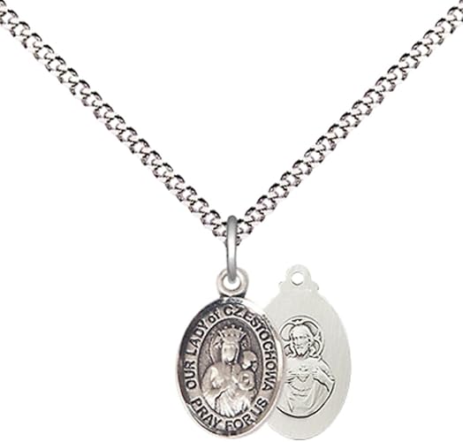 Small Sized Women's Pewter Our Lady of Czestochowa Medal Pendant on 18 Inch Rhodium Plated Lite Curb Brass Chain with Lobster Claw Clasp, Catholic Religious Necklace - Made in USA- Velvet Gift Box