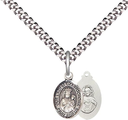 Small Sized Men's Pewter Our Lady of Czestochowa Medal Pendant on 24 Inch Endless Rhodium Plated Heavy Curb Brass Chain, Catholic Religious Necklace - Made in USA- Deluxe Velvet Gift Box