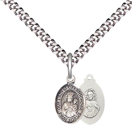 Small Sized Men's Pewter Our Lady of Czestochowa Medal Pendant on 24 Inch Endless Rhodium Plated Heavy Curb Brass Chain, Catholic Religious Necklace - Made in USA- Deluxe Velvet Gift Box