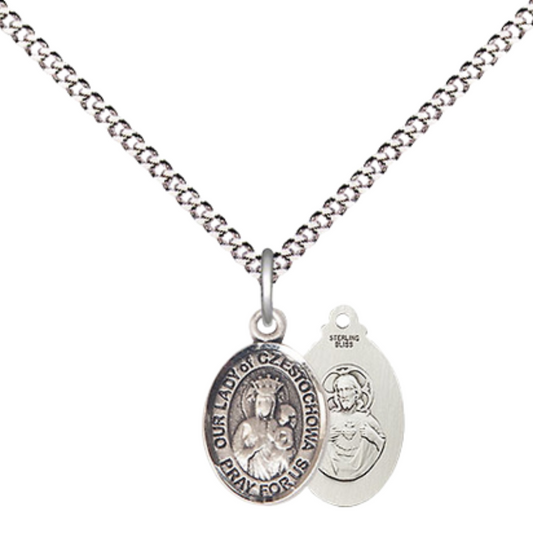 Small Sized Women's .925 Sterling Silver Our Lady of Czestochowa Medal Pendant on 18 Inch Rhodium Plated Lite Curb Brass Chain with Lobster Claw Clasp, Catholic Religious Necklace - Made in USA- Velvet Gift Box