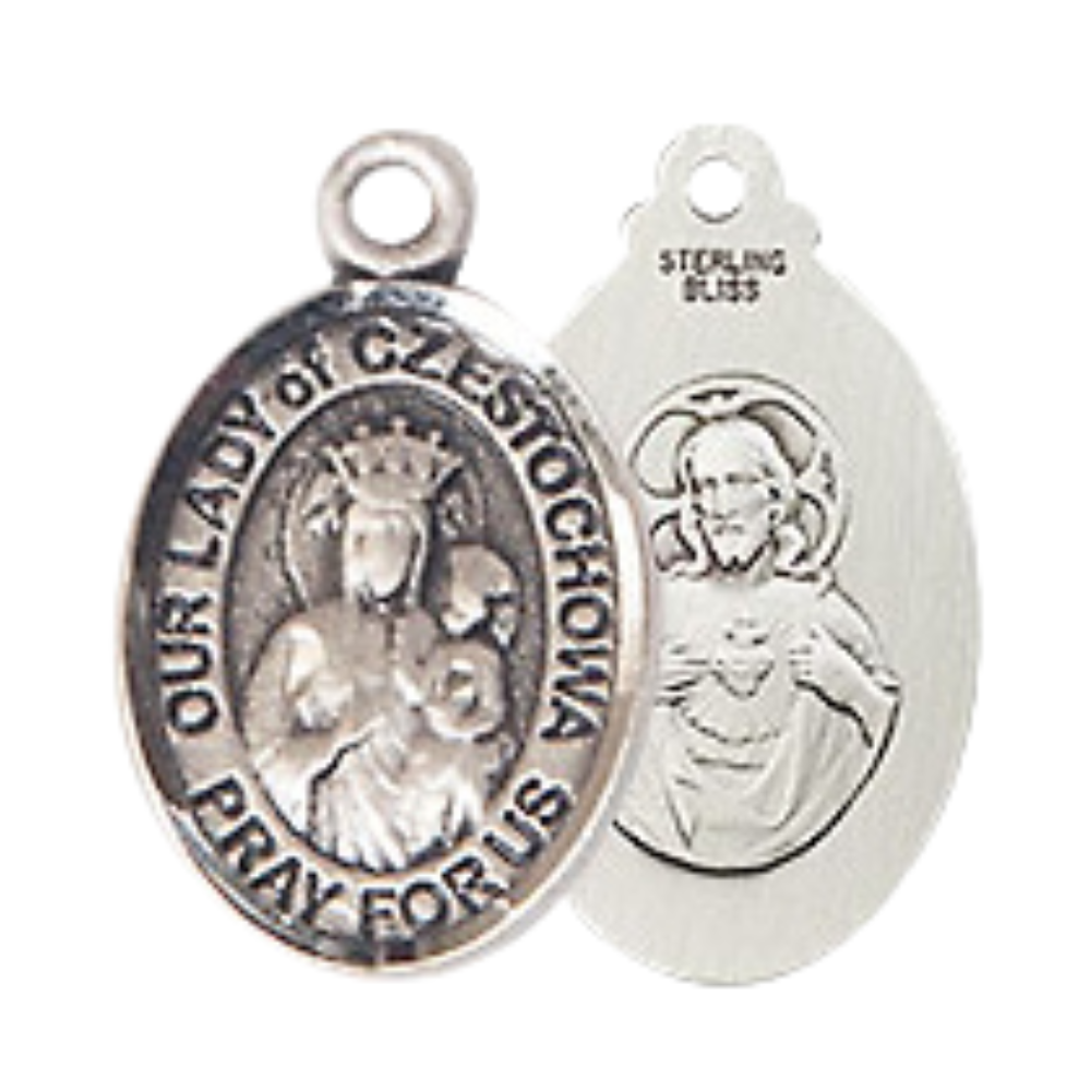 Small Sized Women's .925 Sterling Silver Our Lady of Czestochowa Medal Pendant on 18 Inch Rhodium Plated Lite Curb Brass Chain with Lobster Claw Clasp, Catholic Religious Necklace - Made in USA- Velvet Gift Box
