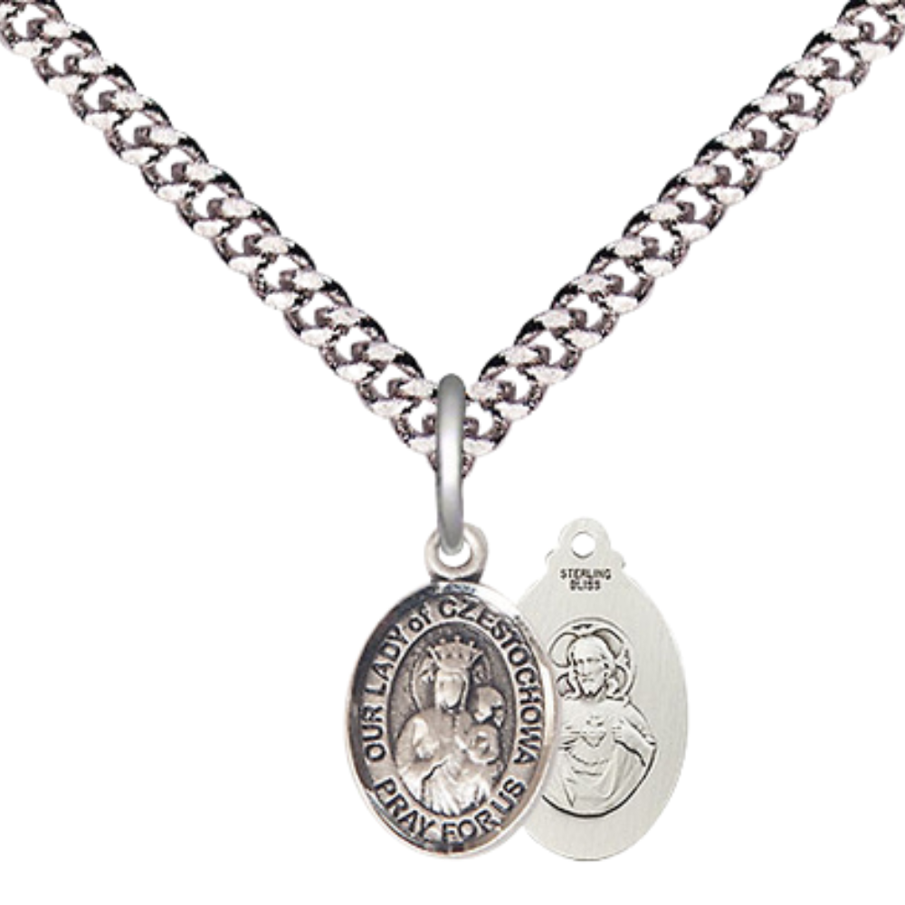 Small Sized Men's .925 Sterling Silver Our Lady of Czestochowa Medal Pendant on 24 Inch Endless Rhodium Plated Heavy Curb Brass Chain, Catholic Religious Necklace - Made in USA- Deluxe Velvet Gift Box
